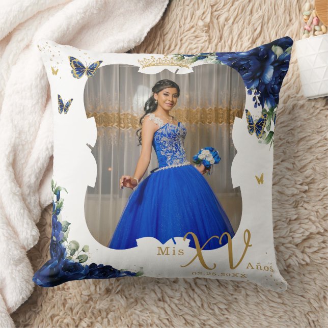 Royal Blue Rose Floral Picture Quinceañera Memento Cushion (Blanket)