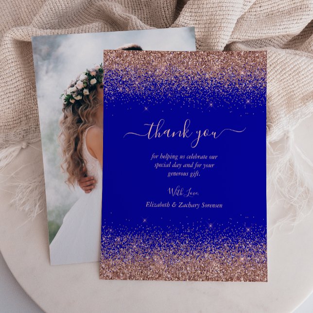 Royal Blue Rose Gold Glitter Photo Wedding Thank You Card (Creator Uploaded)