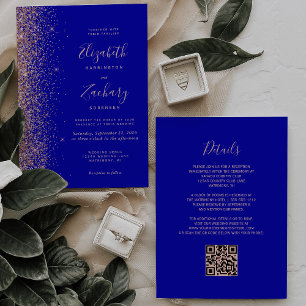 Royal Blue Rose Gold Glitter QR Code Wedding Invitation