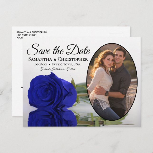 Royal Blue Rose Oval Photo Wedding Save The Date Announcement Postcard (Front/Back)
