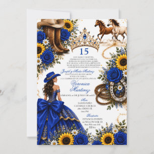 Royal Blue Rose Sunflower Vaquera Quinceañera Invitation