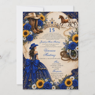 Royal Blue Rose Sunflower Western Quinceañera Invitation