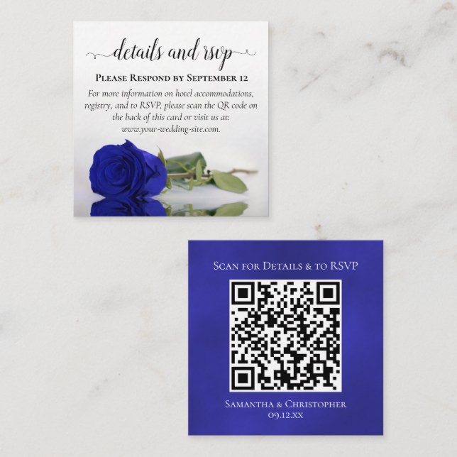 Royal Blue Rose Wedding Details & RSVP QR Code Enclosure Card (Front/Back)