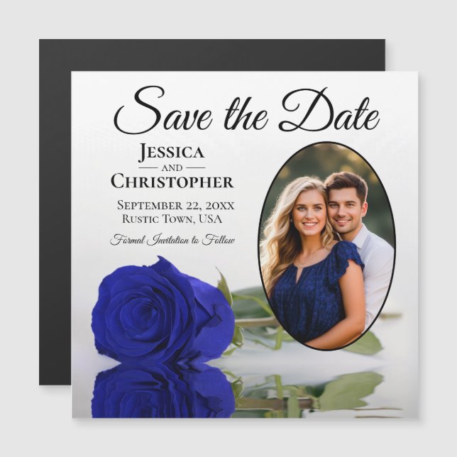 Royal Blue Rose Wedding Save The Date Photo Magnet (Front/Back)