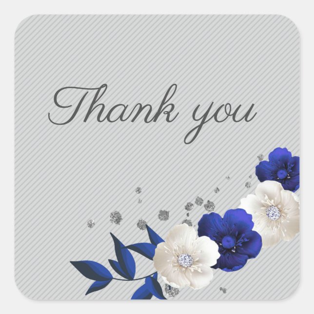 royal blue rose white flowers grey thank you square sticker (Front)