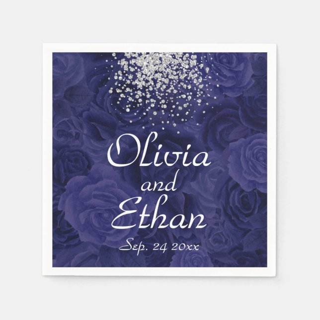 Royal Blue Roses and a Splash of Silver Glitter Napkin (Front)