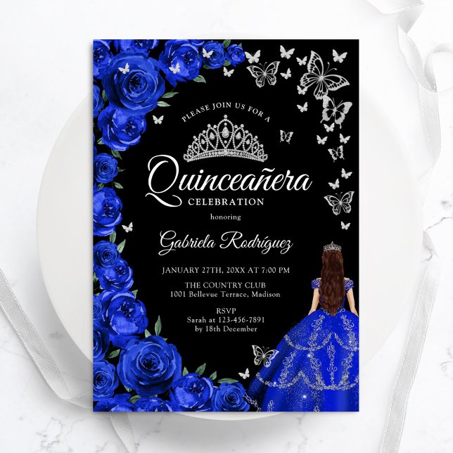 Royal Blue Roses Butterflies Quinceanera Invitation (Creator Uploaded)