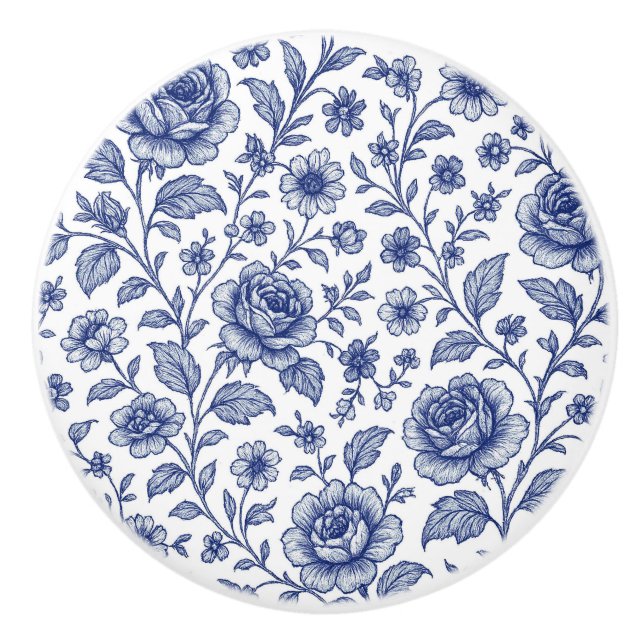 Royal Blue Roses Floral Pattern  Ceramic Knob (Front)