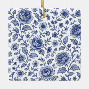 Royal Blue Roses Floral Pattern Ceramic Ornament