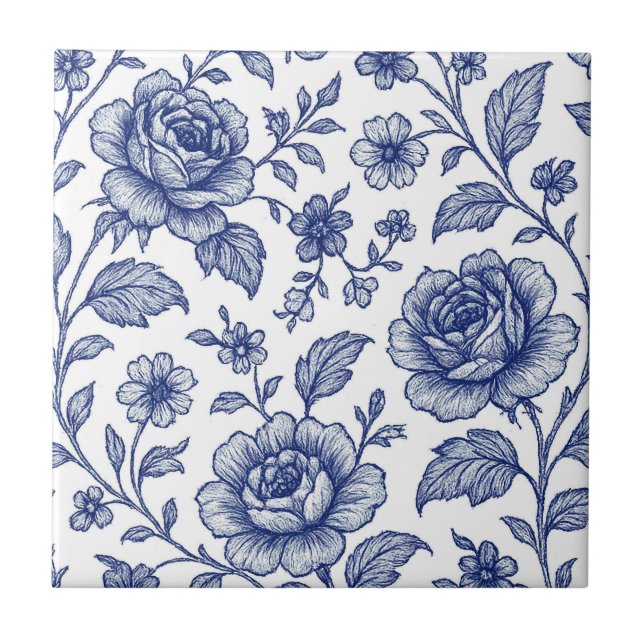 Royal Blue Roses Floral Pattern  Ceramic Tile (Front)
