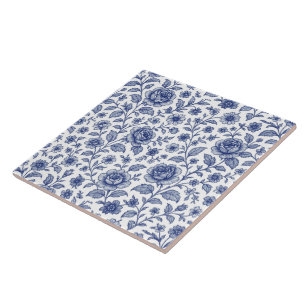 Royal Blue Roses Floral Pattern Ceramic Tile