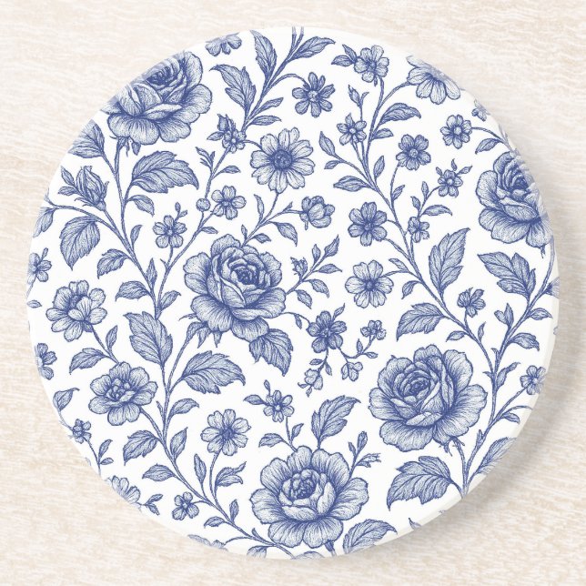 Royal Blue Roses Floral Pattern  Coaster (Front)