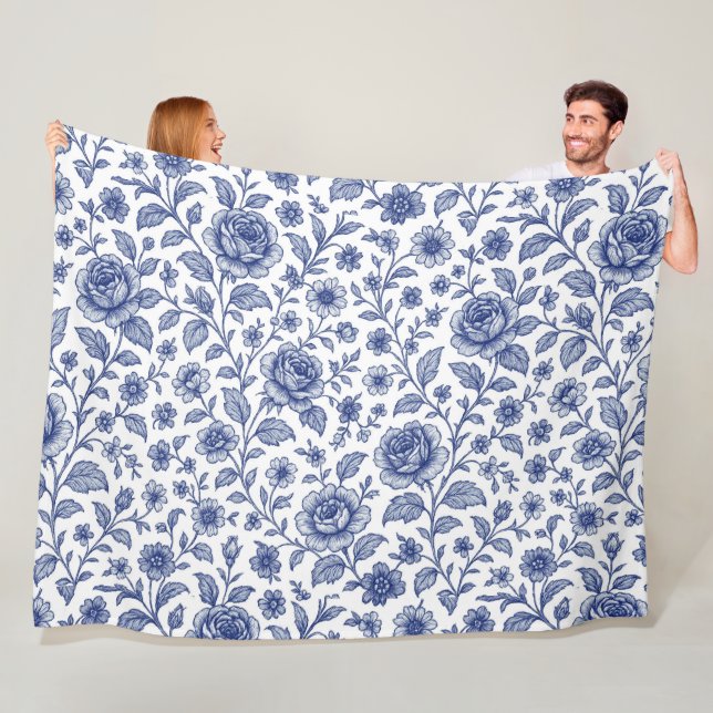 Royal Blue Roses Floral Pattern  Fleece Blanket (In Situ)