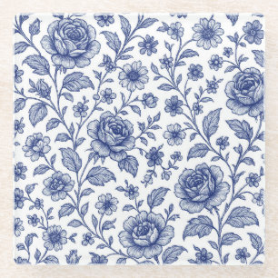 Royal Blue Roses Floral Pattern Glass Coaster