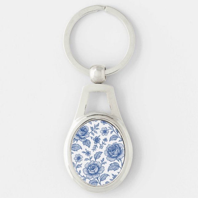 Royal Blue Roses Floral Pattern  Key Ring (Front)