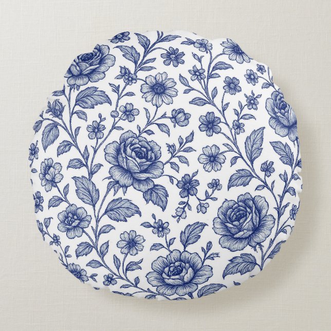 Royal Blue Roses Floral Pattern  Round Cushion (Front)