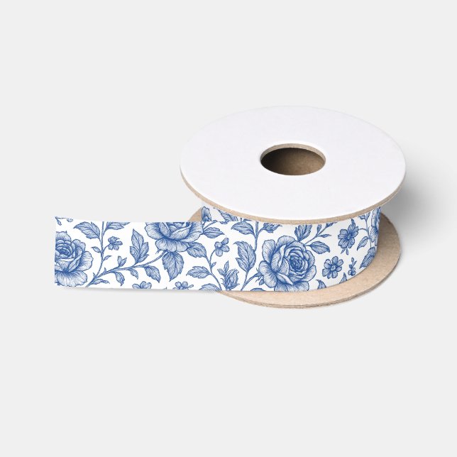 Royal Blue Roses Floral Pattern  Satin Ribbon (Spool)