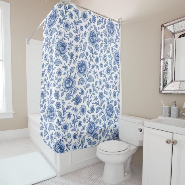 Royal Blue Roses Floral Pattern  Shower Curtain (In Situ)