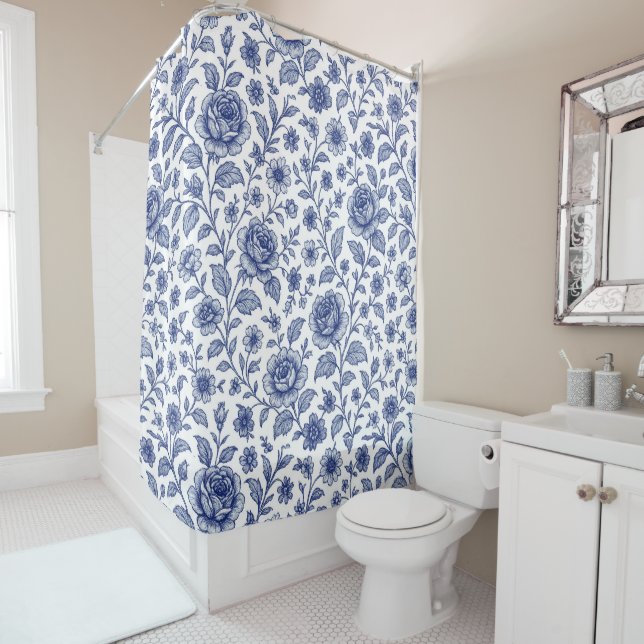 Royal Blue Roses Floral Pattern  Shower Curtain (In Situ)