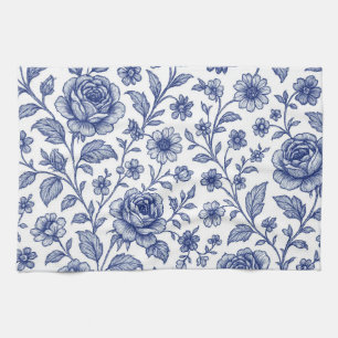 Royal Blue Roses Floral Pattern Tea Towel