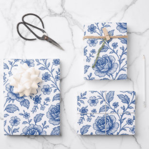 Royal Blue Roses Floral Pattern  Wrapping Paper Sheet