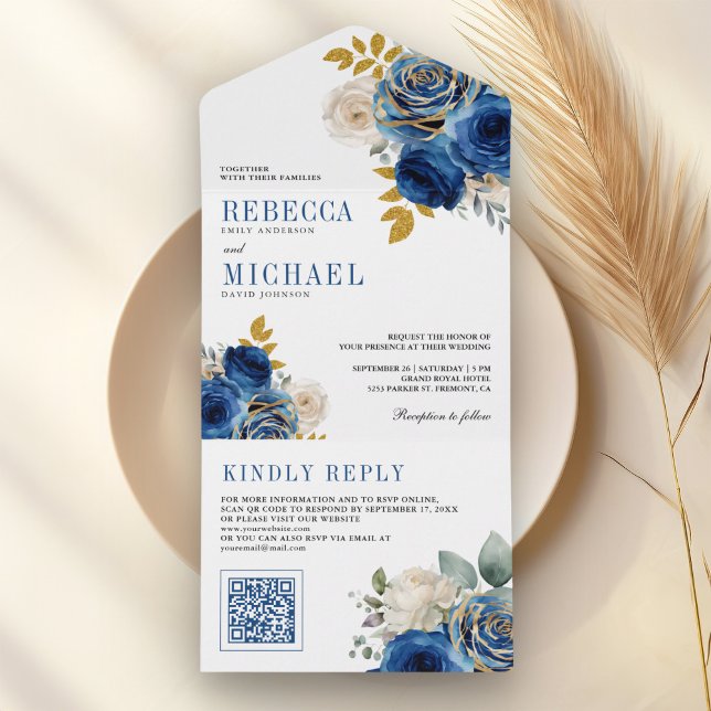 Royal Blue Roses Floral QR Code Wedding All In One Invitation (Creator Uploaded)