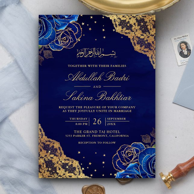 Royal Blue Roses Gold Lace QR Code Muslim Wedding Invitation (Creator Uploaded)