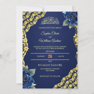 Royal Blue Roses Gold Lace QR Code Wedding Invitation