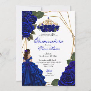 Royal Blue Roses Gold Quinceañera Invitation