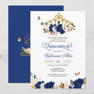 Royal Blue Roses Gold Tiara Butterfly Quinceañera Invitation