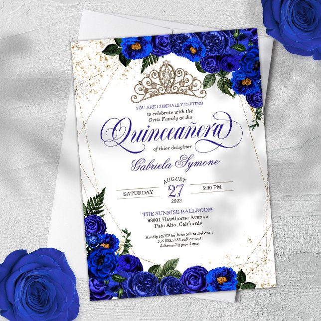 Royal Blue Roses & Gold Tiara Elegant Quinceañera Invitation (Creator Uploaded)