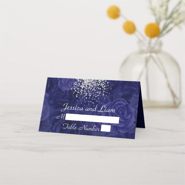 Royal Blue Roses Tapestry and a Splash of Silver Place Card (Front)