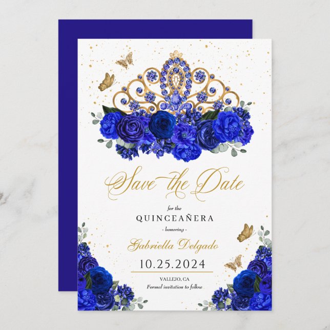 Royal Blue Roses Tiara Save The Date Quinceañera Invitation (Front/Back)