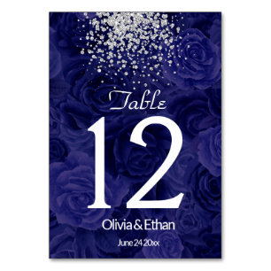 Royal Blue Roses with Sliver Glitter Splash Table Number