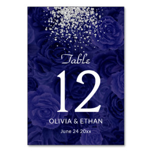 Royal Blue Roses with Sliver Glitter Splash Table Number