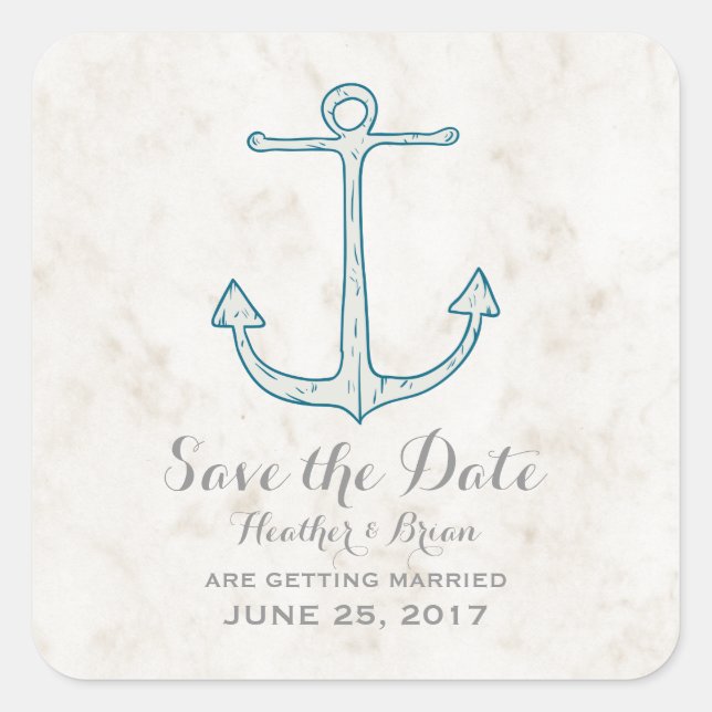 Royal Blue Rustic Anchor Save the Date Square Sticker (Front)
