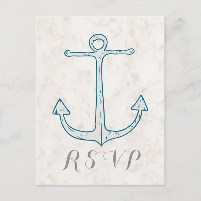 Royal Blue Rustic Anchor Wedding RSVP Postcard (Front)