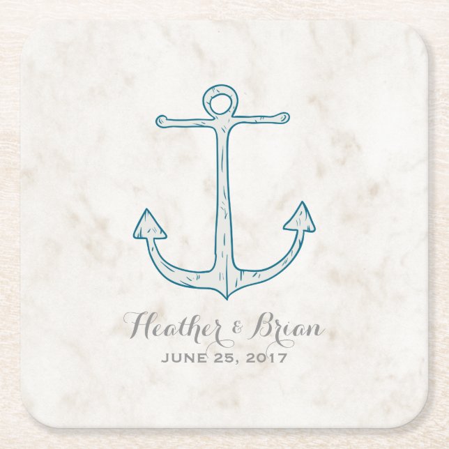 Royal Blue Rustic Anchor Wedding Square Paper Coaster (Front)