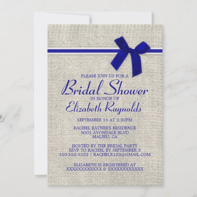 Royal Blue Rustic Burlap Bridal Shower Invitations (Front)