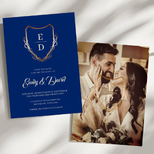 Royal Blue Rustic Gold Monogram Photo Save The Date
