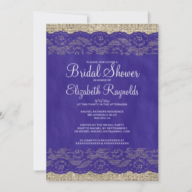 Royal Blue Rustic Lace Bridal Shower Invitations (Front)