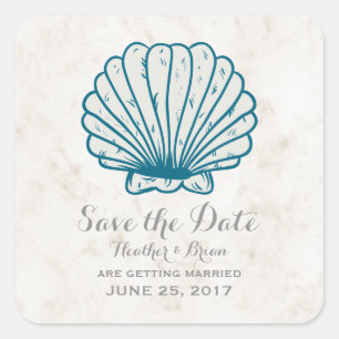 Royal Blue Rustic Seashell Save the Date Square Sticker