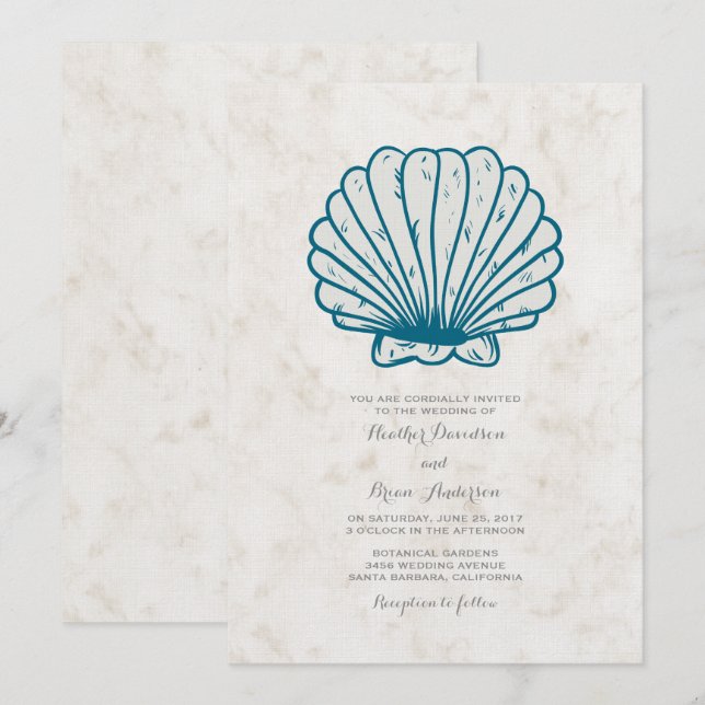 Royal Blue Rustic Seashell Wedding Invite (Front/Back)