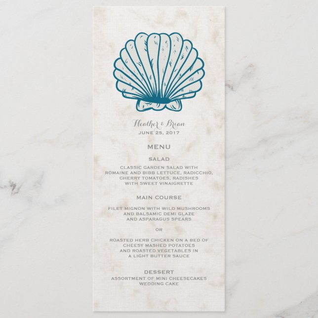 Royal Blue Rustic Seashell Wedding Menu (Front)