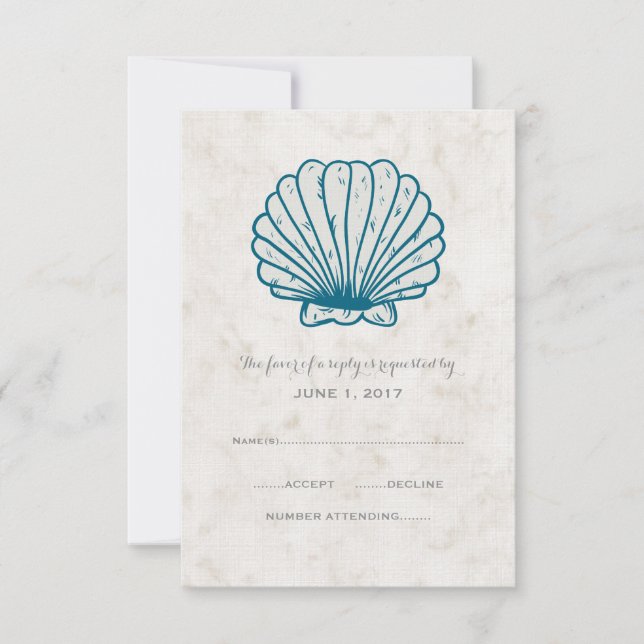 Royal Blue Rustic Seashell Wedding RSVP Card (Front)