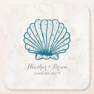 Royal Blue Rustic Seashell Wedding Square Paper Coaster