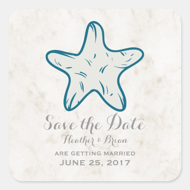 Royal Blue Rustic Starfish Save the Date Square Sticker (Front)