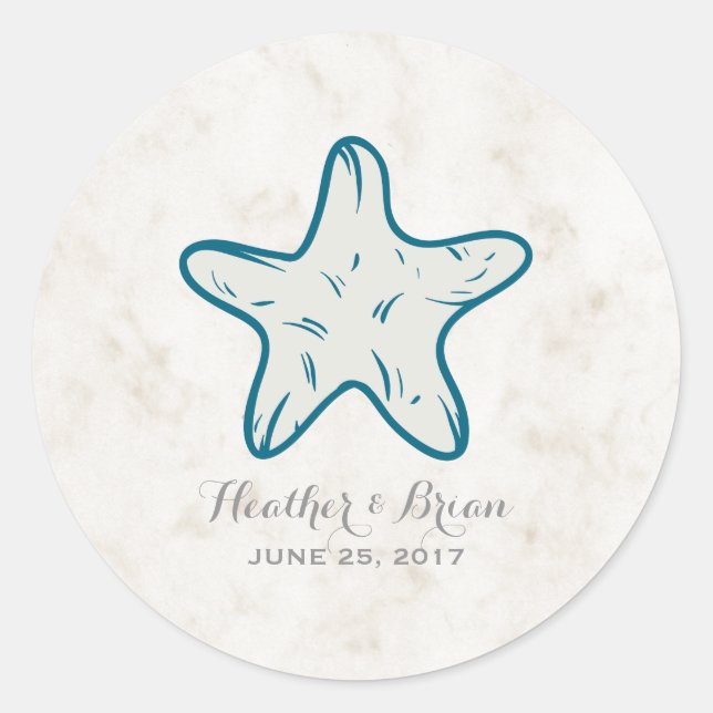 Royal Blue Rustic Starfish Wedding Classic Round Sticker (Front)