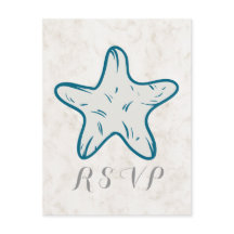 Royal Blue Rustic Starfish Wedding RSVP Postcard