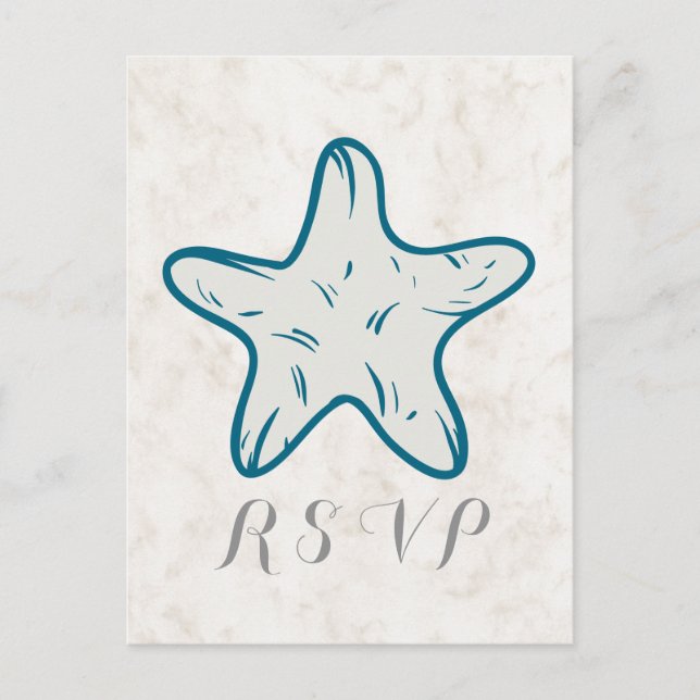 Royal Blue Rustic Starfish Wedding RSVP Postcard (Front)